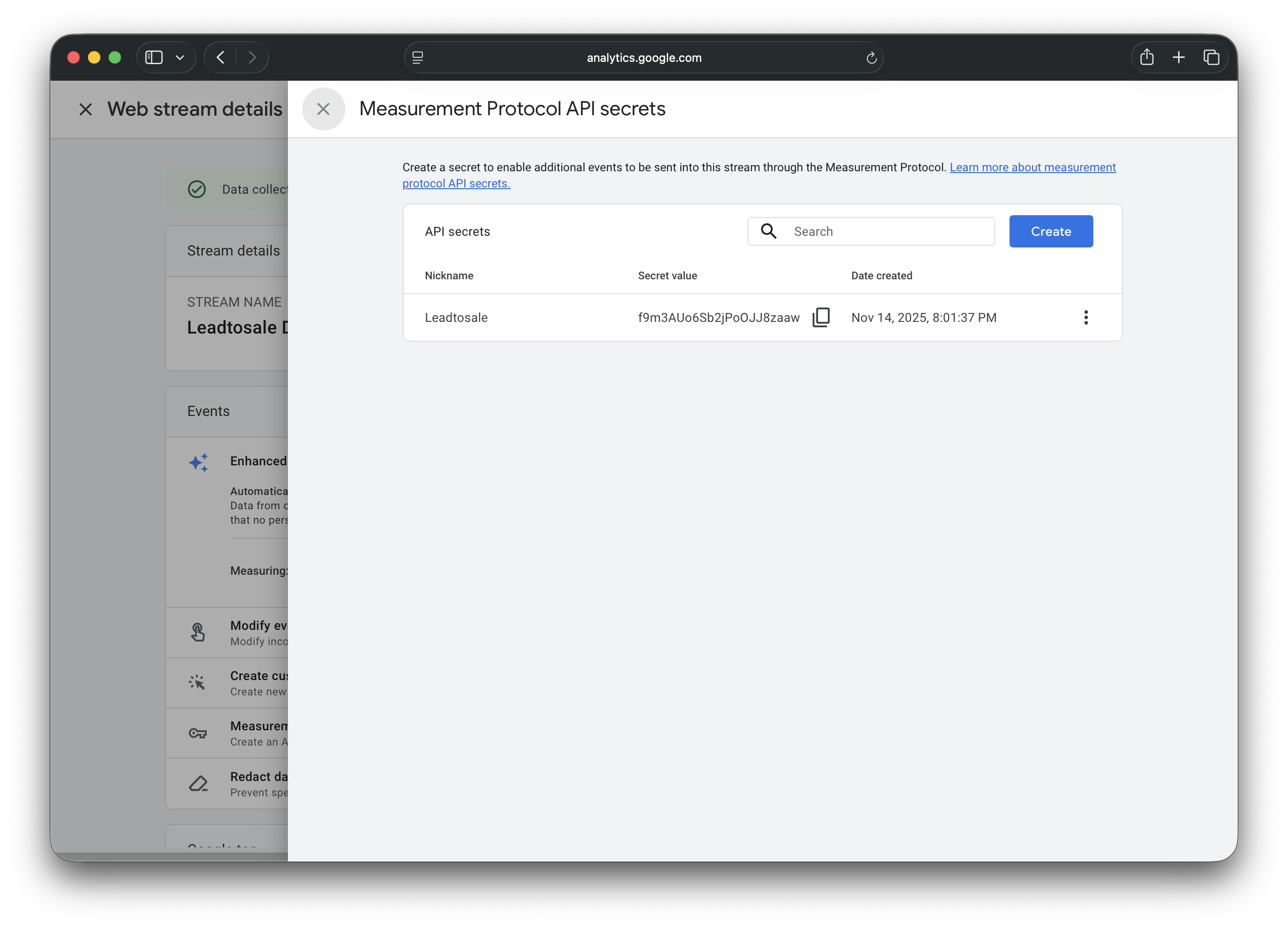 Step 2 in generating your Meausrement Protocol API Secret