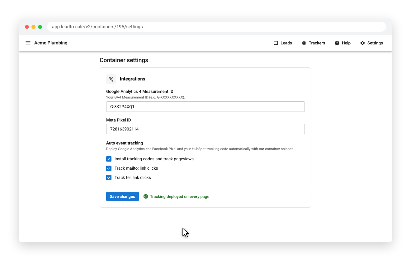 Ticking the auto event tracking options in Leadtosale container settings to deploy tracking codes
