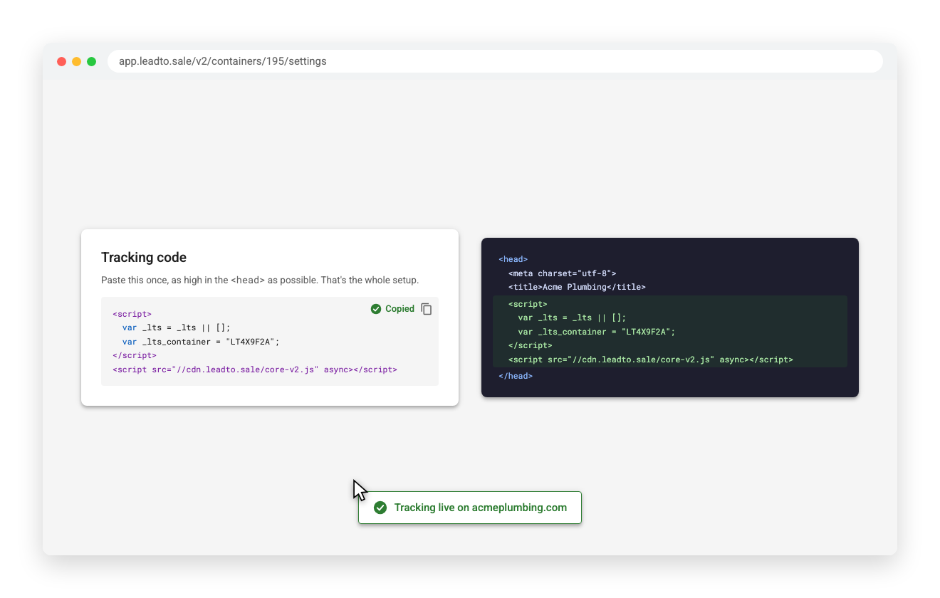 Copying the single Leadtosale snippet into a website head to go live